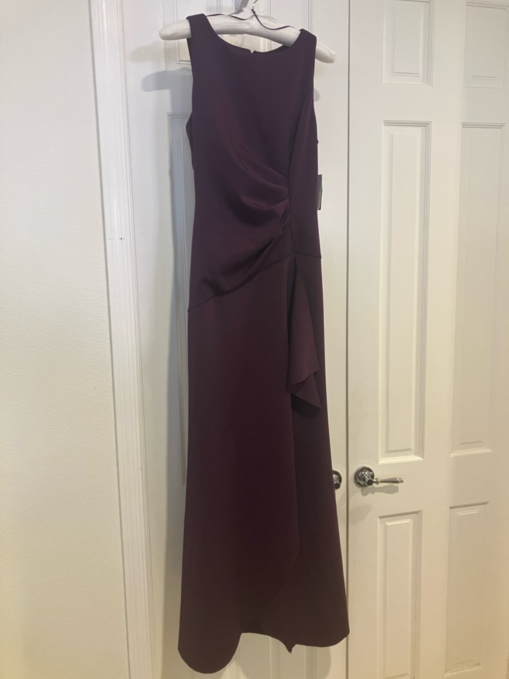 Long Sleeveless Stretch Scuba Crepe Dress Ruched Cascade Skirt, 12, Plum